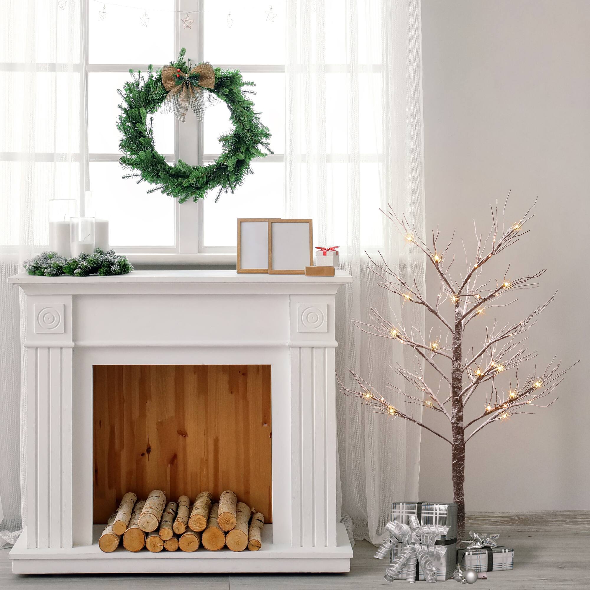 4ft. Pre-Lit Flocked Brown Artificial Twig Tree, White Lights